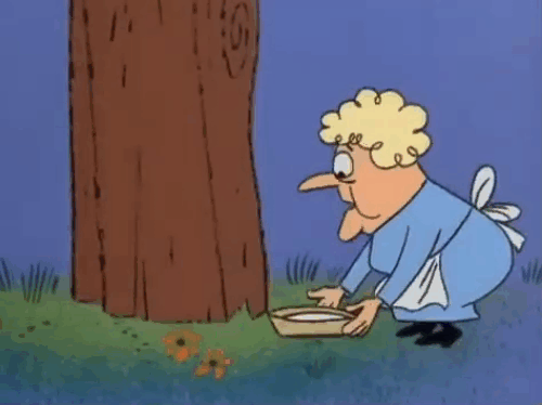 Super Pink - old woman looking at white cartoon cat high in tree meowing animated gif