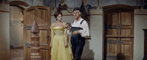 Swordsman of Siena - tuxedo cat having mattress thrown over him by Stanswood Stewart Granger with Orietta Sylva Koscina animated gif