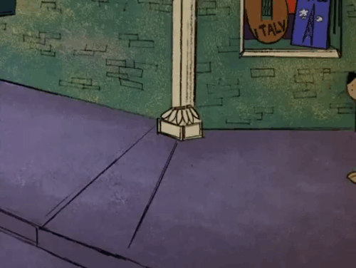 Think Before You Pink - large brown cartoon cat leading three kittens along sidewalk animated gif