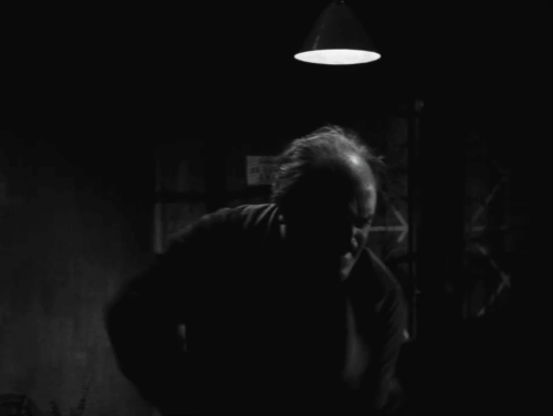 La Traversee de Paris - Four Bags Full - tabby and white cat jumping out of can and running away as man shoos away dogs animated gif