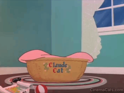 Two's a Crowd - Claude Cat dropping from ceiling and turning midair to land in pet bed animated gif
