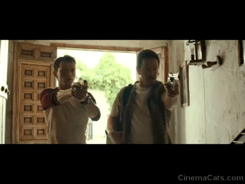 Uncharted - Nathan Tom Holland and Sully Mark Wahlberg with longhair ragdoll snowshoe cat Mr. Whiskers in backpack animated gif