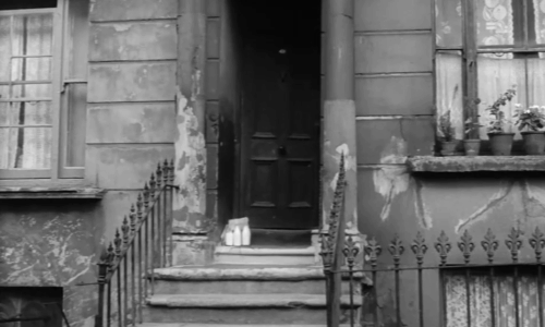 Violent Moment - tuxedo cat on front step of rooming house with Mr. Hendricks Martin Miller animated gif