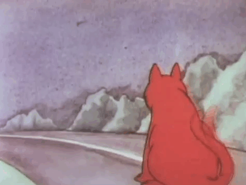 Wasted a True Story - cartoon cat swerves to miss orange cat sitting in road and crashes into fire hydrant animated gif