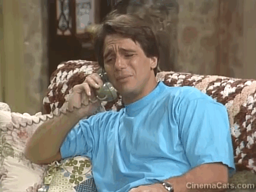 Who's the Boss? - In Your Dreams - Tony Danza on couch with brown tabby cat Fiorello rubbing the back of his head animated gif
