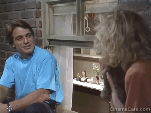 Who's the Boss? - In Your Dreams - Tony Danza on fire escape with Angela Judith Light holding brown tabby cat Fiorello animated gif