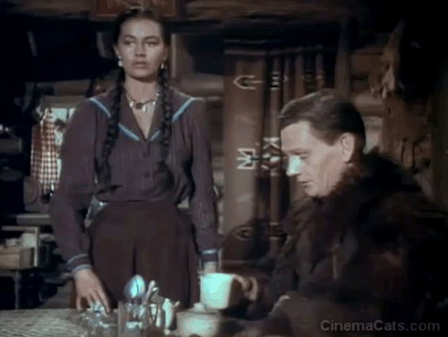 The Wild North - Indian girl Cyd Charisse with Mountie Pedley Wendell Corey as cat actor is thrown onto table animated gif