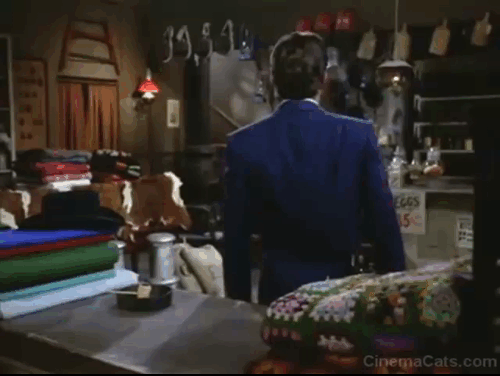 The Wild Wild West - The Night of the Wolf - black cat jumps on counter scaring Jim West Robert Conrad animated gif