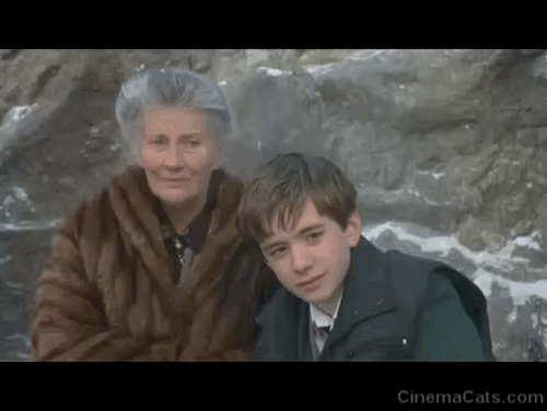 The Winter Guest - Tom Sean Biggerstaff holding tortoiseshell kitten inside coat with Elspeth Phyllida Law animated gif
