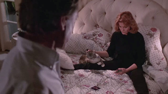 52 Pick-Up - Barbara Ann-Margret sitting on bed playing Solitaire with bicolor tabby cat