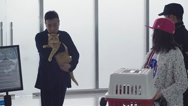Adoring - Chong ai - Gao Ming Hewei Yu hugging ginger tabby cat Hulu Angela Rizzo Gonzo in airport with Mengmeng Landi Li