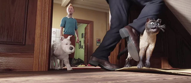 The Adventures of Tintin - man tripping over Siamese cat in hallway as Tintin and Snowy watch