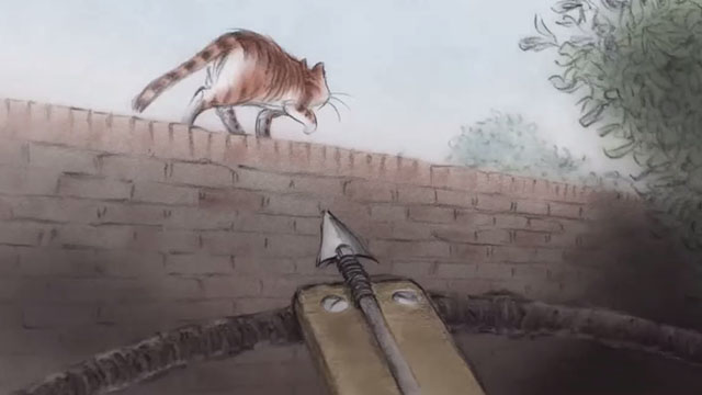 Affairs of the Art - crossbow aimed at cartoon ginger tabby cat walking along wall