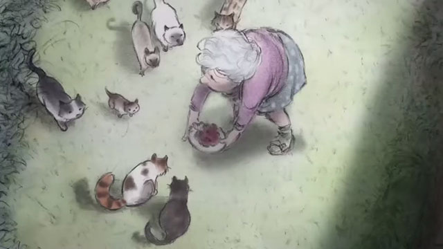 Affairs of the Art - elderly woman feeding multiple cartoon cats in yard