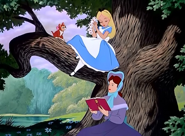 Alice in Wonderland - kitten Dinah and Alice sitting on tree limb above sister