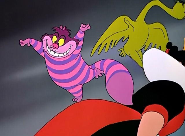 Alice in Wonderland - the Cheshire Cat standing on the Red Queen's bustle