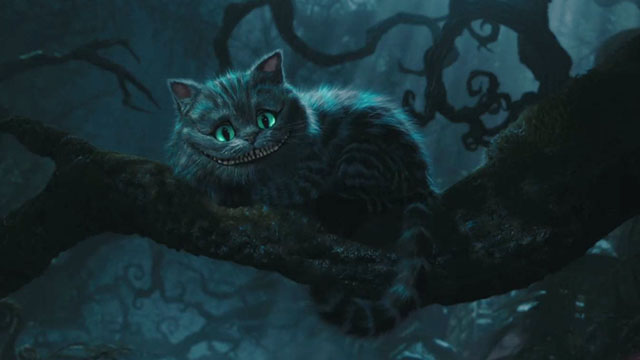 Alice in Wonderland - Cheshire Cat on branch of tree in dark forest