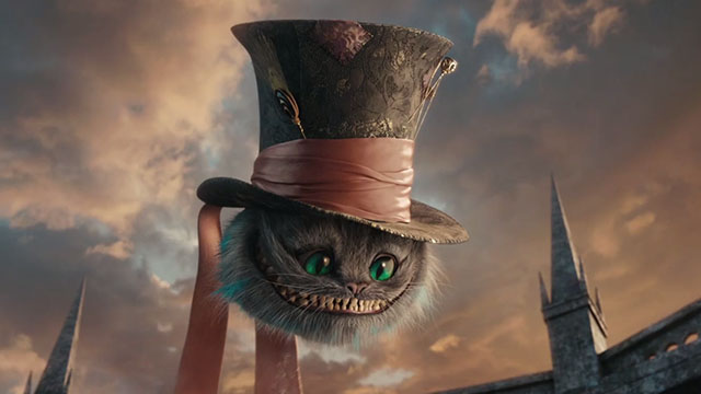 Alice in Wonderland - Cheshire Cat head floating in sky wearing Mad Hatter hat