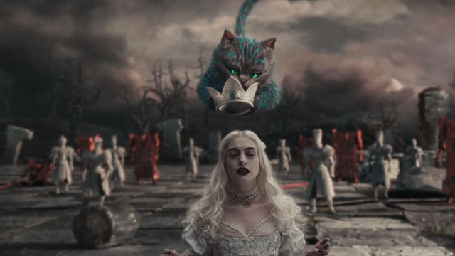 Alice in Wonderland - Cheshire Cat placing crown on White Queen's Anne Hathaway head