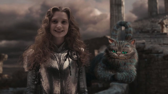 Alice in Wonderland - Cheshire Cat floating beside Alice Mia Wasikowska