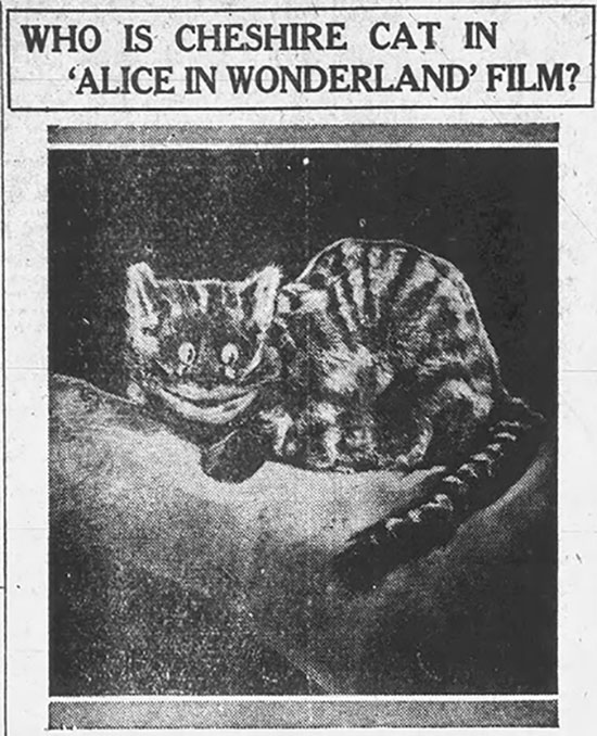 Alice in Wonderland - newspaper article asking people to identify actor behind the Cheshire Cat