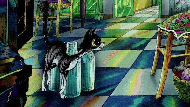 Allegro Non Troppo - cartoon tabby cat rubbing against milk bottles