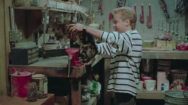 Amityville Horror The Evil Escapes - Brian Aron Eisenberg setting tabby cat Pepper on work bench