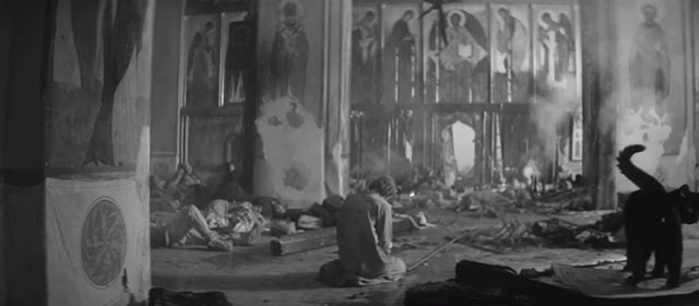 Andrei Rublev - black cat in foreground looking at devastation in church and Andrei Anatoliy Solonitsyn
