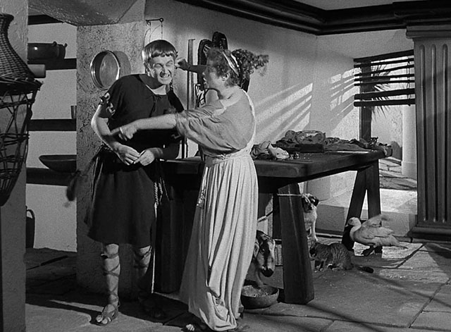 Androcles and the Lion - Alan Young being scolded by Megaera Elsa Lanchester standing near various animals including tabby cat wearing eye patch