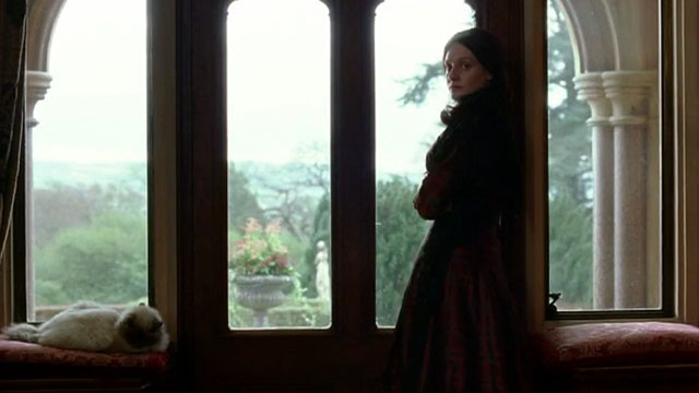 Angel - Romola Garai standing at window with longhair seal point cat nearby