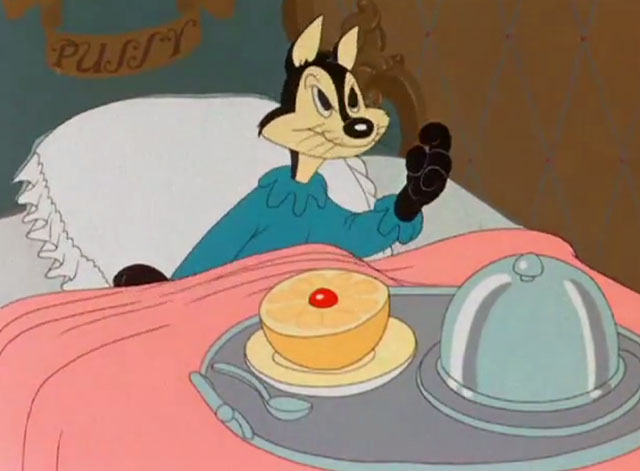 The Aristo-Cat - black and white cartoon cat with breakfast in bed