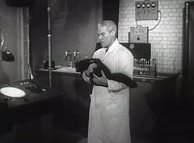 Monstrosity - The Atomic Brain - Dr. Frank Gerstle holding black cat Xerxes in lab