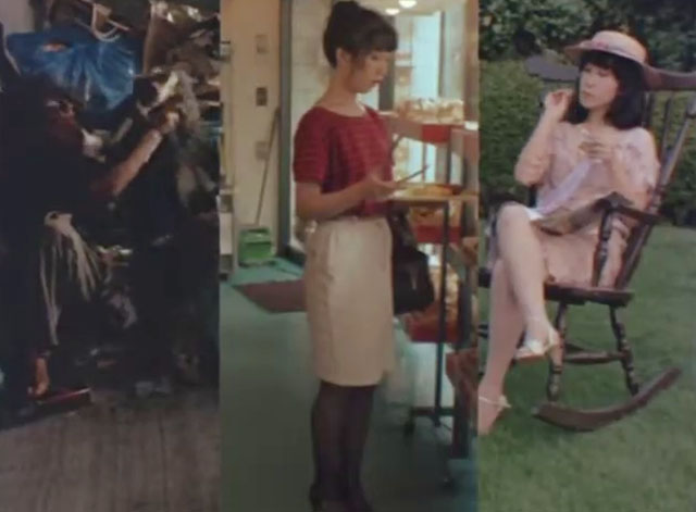 Attack on a Bakery - three way split screen with bag lady holding up tabby and white bobtail cat, woman in bakery and woman in garden