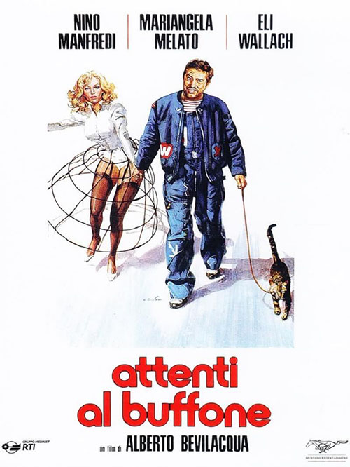 Attenti al Buffone - brown tabby cat Wolfgang Amadeus with Marcello Nino Manfredi and Giulia Mariangela Melato on movie poster