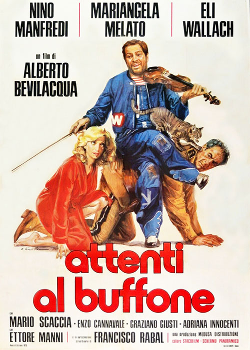 Attenti al Buffone - brown tabby cat Wolfgang Amadeus with Marcello Nino Manfredi, Giulia Mariangela Melato and Cesare Eli Wallach on movie poster