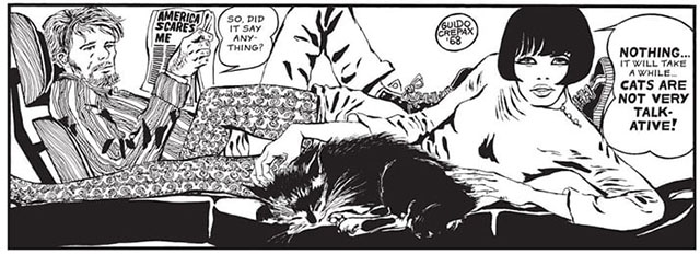 Baba Yaga - panel from Valentina comic strip by Guido Crepax with black cat