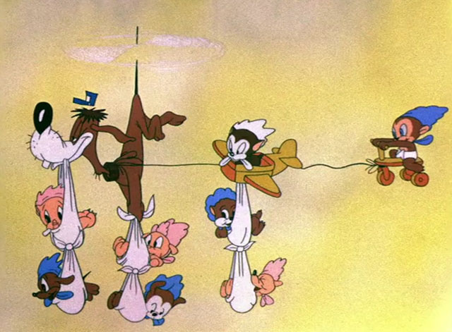 Baby Bottleneck - dog flying with numerous babies including black and white kitten in plane