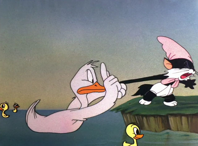 Baby Bottleneck - cartoon duck trying to get fighting black and white kitten to go into water