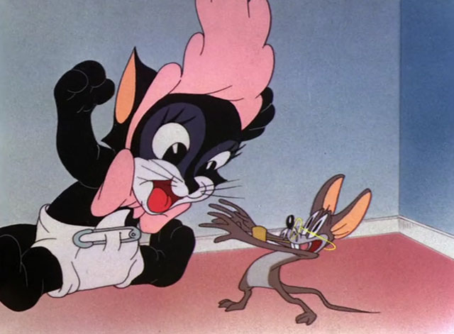 Baby Bottleneck - playful cartoon black and white kitten pawing at mouse father