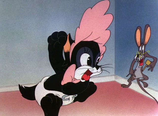 Baby Bottleneck - playful cartoon black and white kitten pawing at mouse father