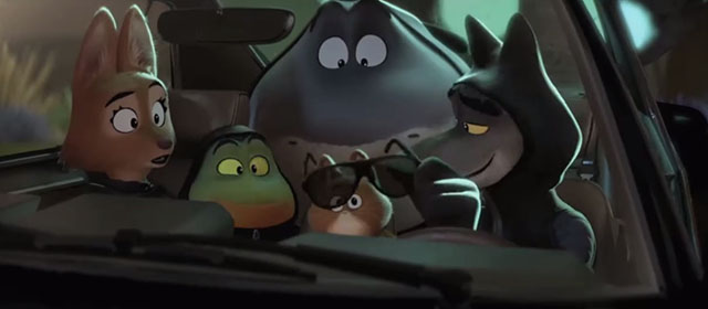 The Bad Guys - Wolf, Diane, Shark, Piranha and Tarantula and cartoon ginger tabby kitten in car