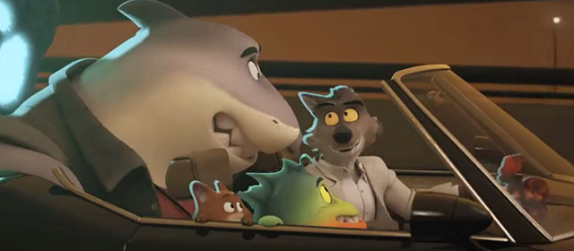 The Bad Guys - Wolf, Shark, Piranha and cartoon ginger tabby kitten in speeding car
