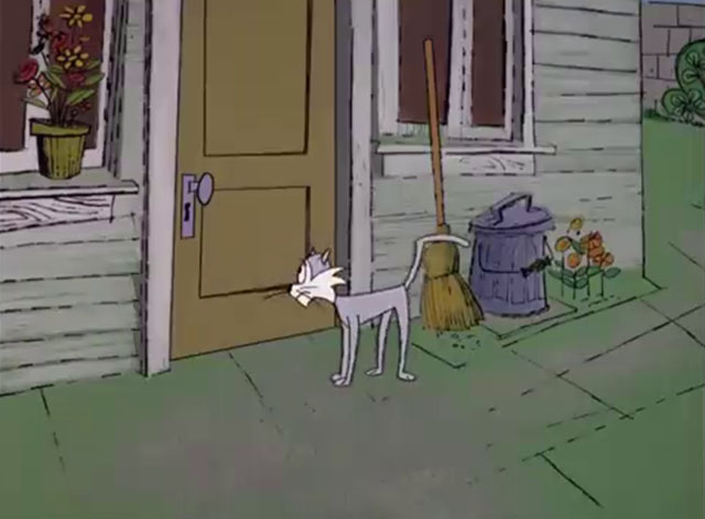 Le Ball and Chain Gang - cartoon grey and white cat outside door