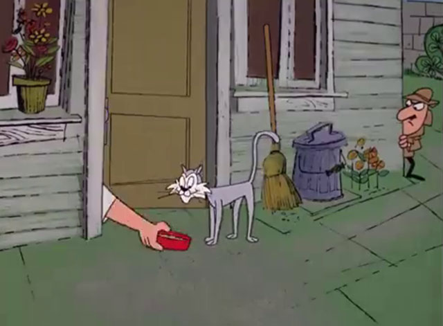 Le Ball and Chain Gang - cartoon grey and white cat outside door being given bowl of food as The Inspector watches