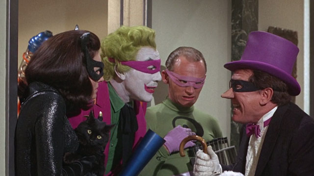 Batman the Movie - Catwoman Lee Meriwether holding black cat Hecate with Joker Cesar Romero, Penguin Burgess Meredith and Riddler Frank Gorshin
