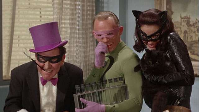 Batman the Movie - Catwoman Lee Meriwether holding black cat Hecate with Penguin Burgess Meredith and Riddler Frank Gorshin