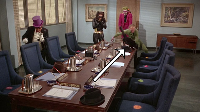 Batman the Movie - Catwoman Lee Meriwether with black cat Hecate running off table and Joker Cesar Romero, Penguin Burgess Meredith and Riddler Frank Gorshin