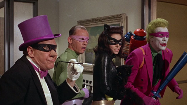 Batman the Movie - Catwoman Lee Meriwether holding black cat Hecate with Joker Cesar Romero, Penguin Burgess Meredith and Riddler Frank Gorshin