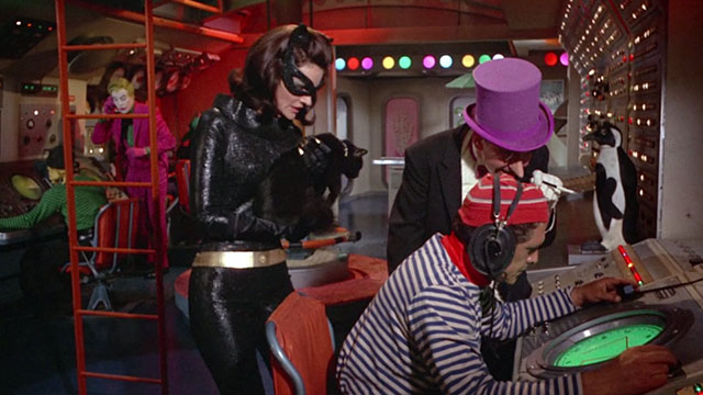 Batman the Movie - Catwoman Lee Meriwether holding black cat Hecate with Penguin Burgess Meredith