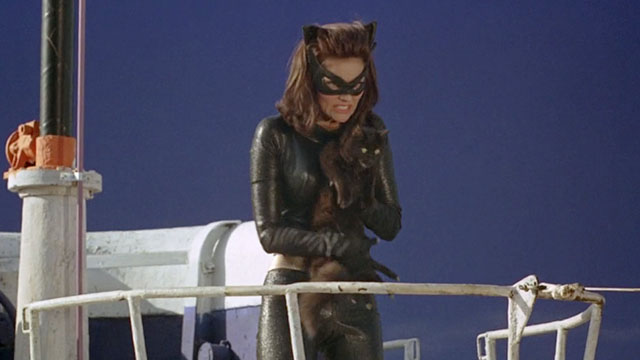 Batman the Movie - Catwoman Lee Meriwether holding black cat Hecate on top of submarine